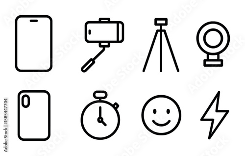 Selfie Accessories Icons. Outline icon set of selfie accessories: smartphone, selfie stick, tripod, camera