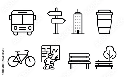 Urban Exploration Icons. Outline icon set of urban exploration: city bus, street sign, skyscraper, coffee cup,