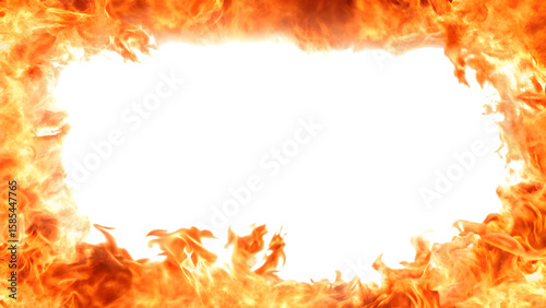 Fiery border frame with intense orange flames and embers isolated on transparent background