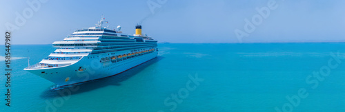 Aerial view of beautiful white cruise ship above luxury cruise in the ocean sea at early in the morning time concept smart tourism travel on holiday vacation time on summer, webinar banner