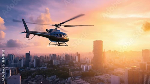 Helicopter Flying over a Dense Urban Skyline during Warm Sunset Light