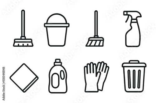 Kitchen Cleaning Icons. Outline icon set of kitchen cleaning: mop, bucket, broom, spray bottle, cleaning cloth