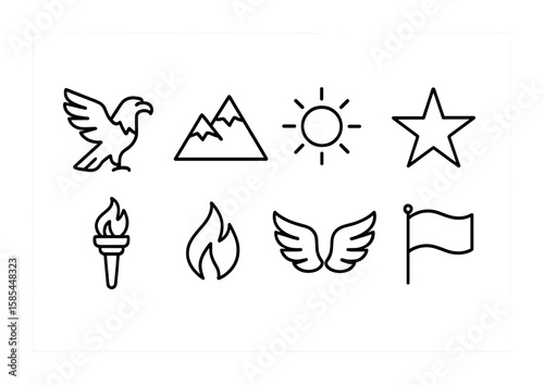 Inspirational Icons Set. Outline icon set of inspirational symbols: eagle, mountain, sun, star, torch, flame,