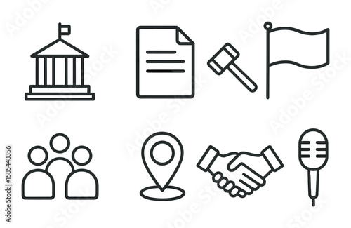 Local Government Icons. Outline icon set of local government: city hall, document, gavel, flag, community