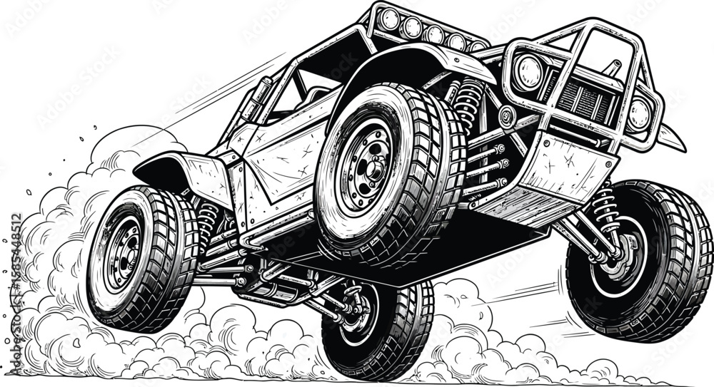 Naklejka premium An offroad buggy jumps high, showcasing extreme sports and automotive engineering in a dynamic illustration