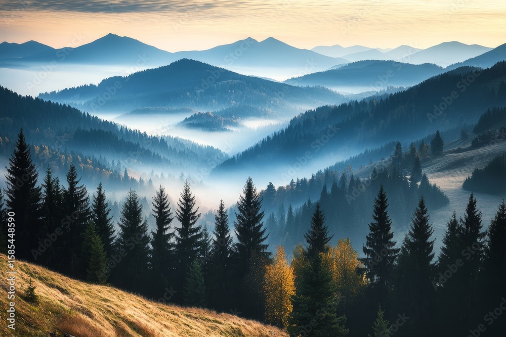 Obraz premium Foggy Romanian mountains at sunrise are home to a coniferous forest