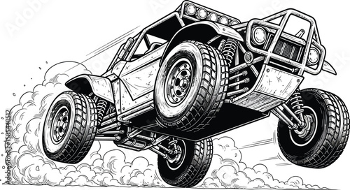 An offroad buggy jumps high, showcasing extreme sports and automotive engineering in a dynamic illustration