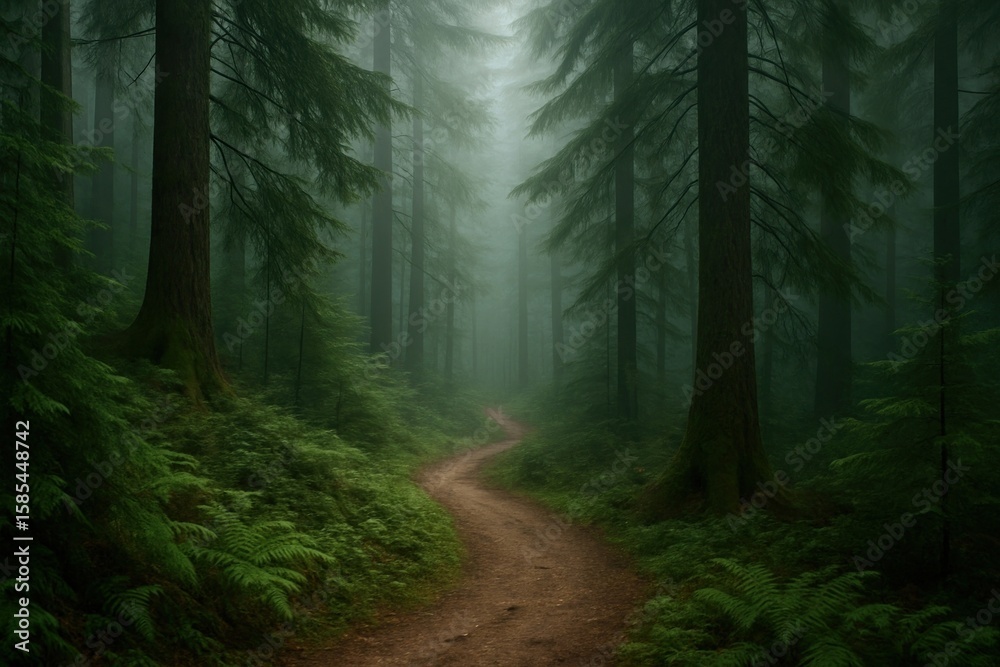 Fototapeta premium Misty forest path with ferns.