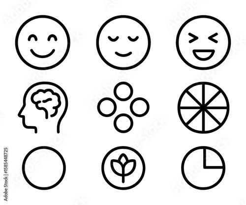 Color Psychology Icons. Outline icon set of color psychology: happy face, calm face, energetic face, colors