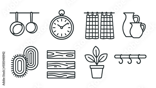 Rustic Kitchen Icons. Outline icon set of rustic kitchen decor: hanging pots, vintage clock, checkered