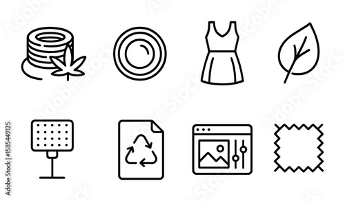 Eco Fashion Icons. Outline icon set of Fashion photography with eco materials: hemp textile, camera lens,