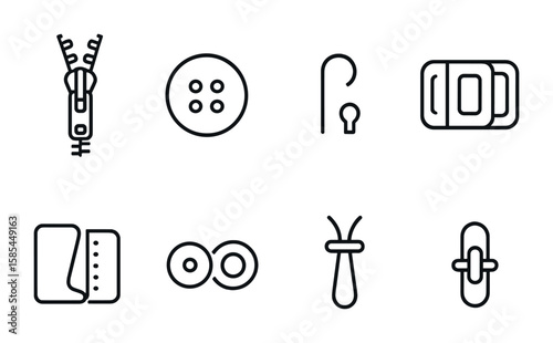 Fastening Mechanisms Icons. Outline icon set of Fastening mechanisms: zipper, button, hook, buckle, Velcro,