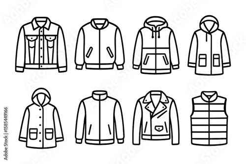 Casual Outerwear Icons. Outline icon set of Casual outerwear: denim jacket, bomber jacket, windbreaker, parka,