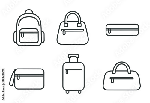 Zippered Bags Line Icons. Outline icon set of Zippered bags and cases: backpack, purse, luggage, pencil case,