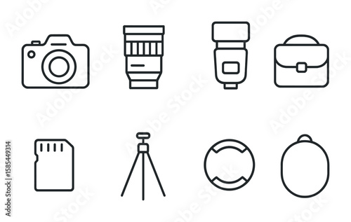 Photography Gear Icons. Outline icon set of photography gear for street style: DSLR camera, lens, flash,