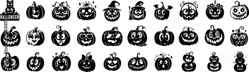 Variety of Cute and Spooky Halloween Pumpkin Characters with Unique Facial Expressions