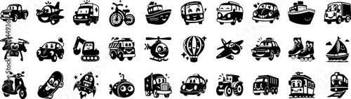 Collection of Cute Transportation Characters Featuring Land, Air, and Sea Vehicles