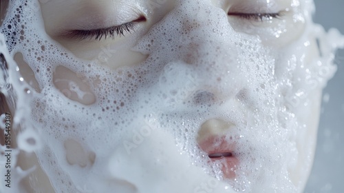 Close-up of a person's face covered in white foam