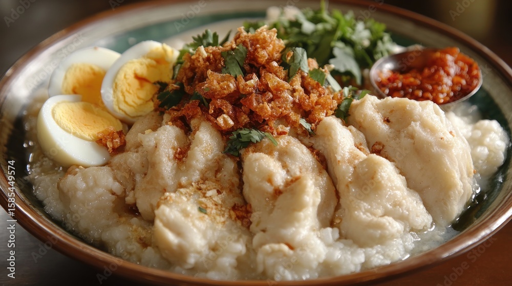 Bowl of rice porridge with chicken, eggs, and garnishes Bowl of rice porridge with chicken, eggs, and garnishes