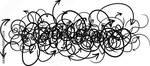 A chaotic tangle of handdrawn arrows creates a sense of directionless complexity isolated on white background