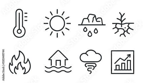 Global Warming Icons. Outline icon set of global warming indicators: thermometer rising, sun heat, polar ice