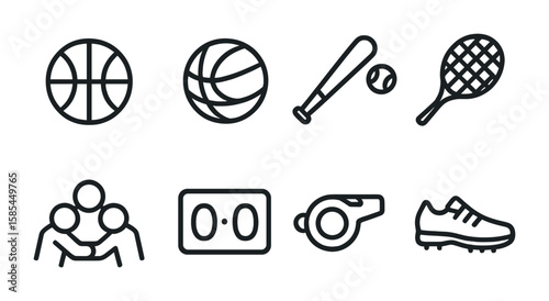 Team Sports Icons. Outline icon set of team sports activities: basketball, volleyball, baseball bat, tennis