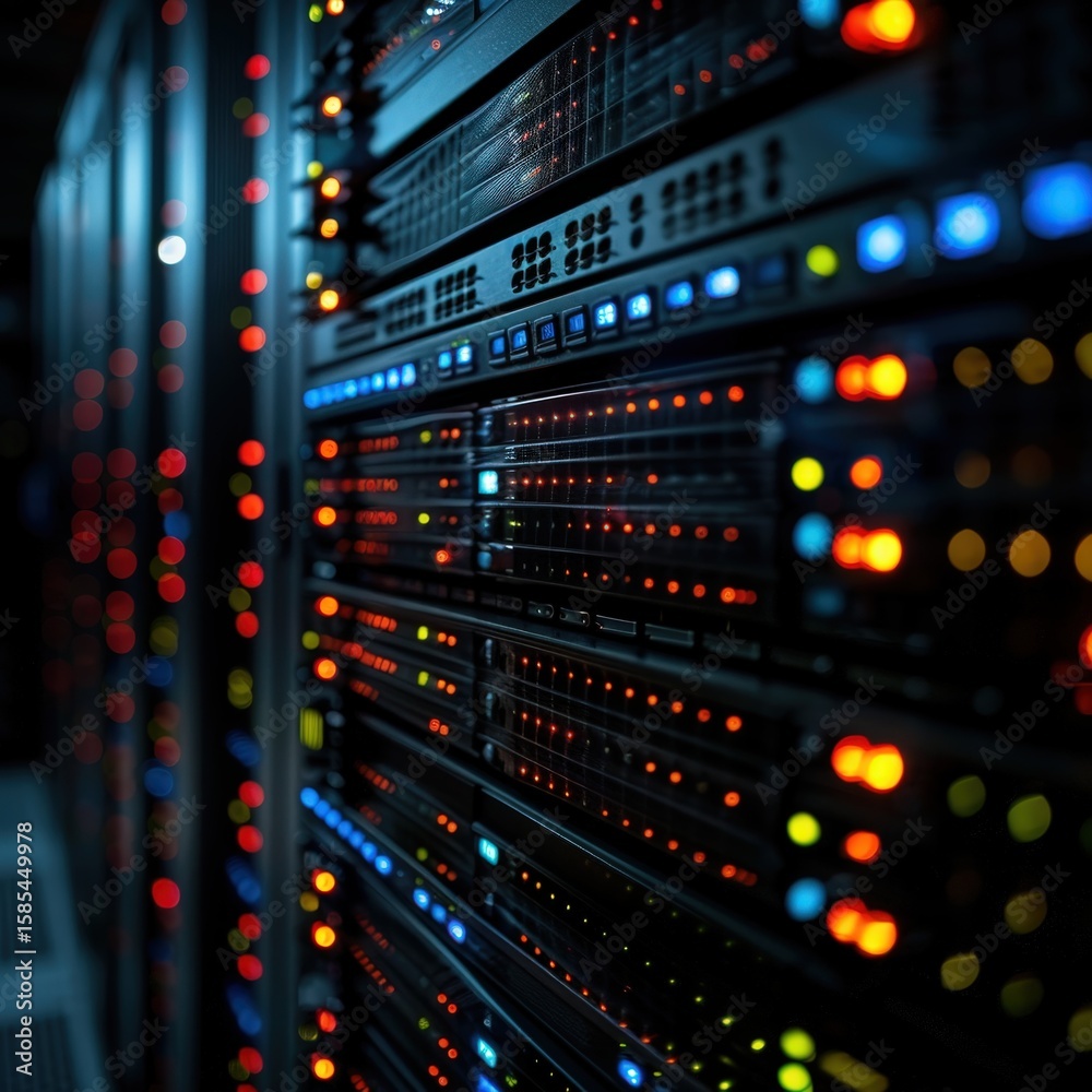 Naklejka premium A single, powerful server rack stands isolated in a dark room. Its blinking red and orange lights reflect on the floor, symbolizing data processing, network activity, and technological power
