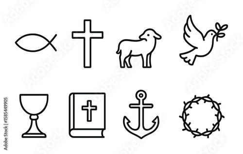 Christian Symbols Icons. Outline icon set of Christian symbols: ichthys fish, crucifix, lamb, dove, chalice,