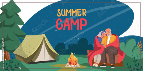 Elderly couple spends time outdoors in the forest. Senior man and woman sitting near campfire, hugging. Elderly couple with tent going on camping trip vector cartoon illustration on white background.