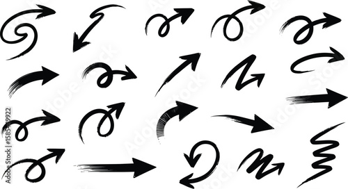 A diverse set of handdrawn brush stroke arrows points in various directions isolated on white background