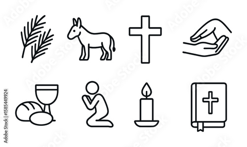 Holy Week Icon Set. Outline icon set of Holy Week events: palm branches, donkey, cross, washing feet, bread