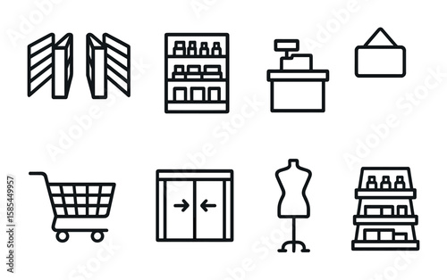 Store Layout Icons. Outline icon set of store layout design: aisles, shelves, checkout counters, signage,