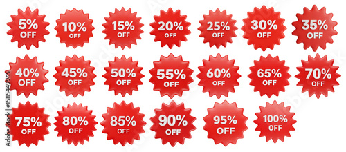 Foto Red 3D starburst sale badges: 5% to 100% off discounts, promotional graphic