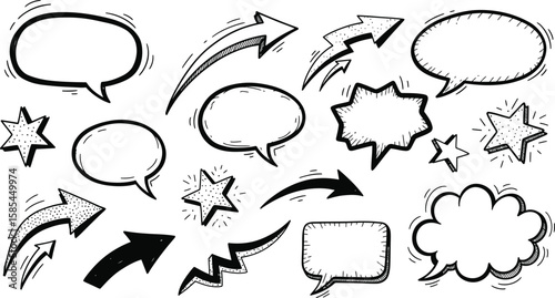 A collection of handdrawn speech bubbles, arrows, and stars creates a playful, communicative design isolated on white background