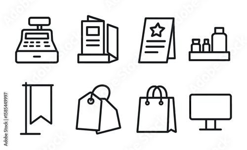 Point of Sale Icons. Outline icon set of point of sale displays: cash register, brochures, promotional flyers,