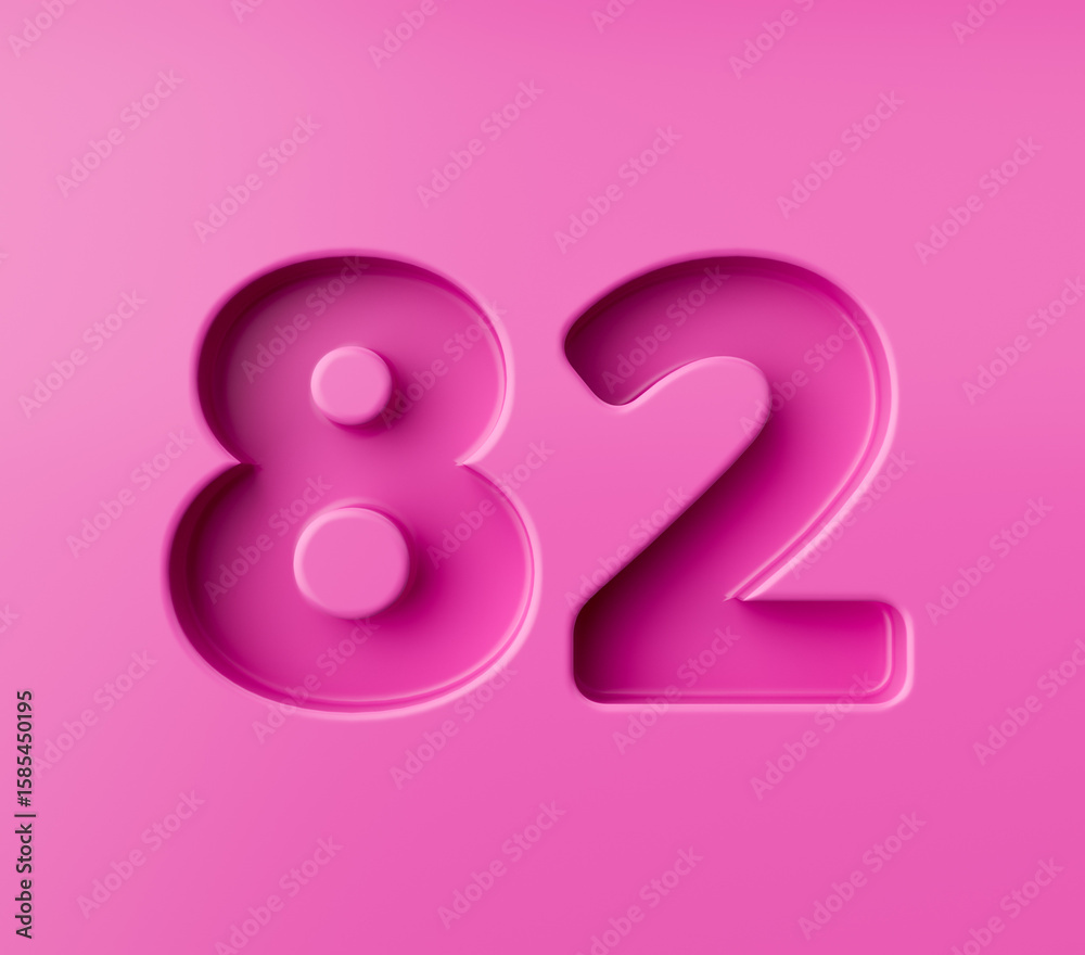 Fototapeta premium Vibrant pink number 82 Eighty two embossed on a pink background, 3d illustration