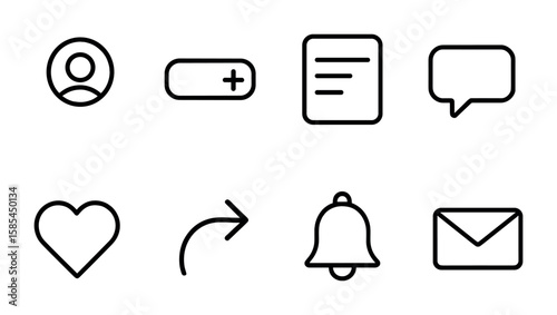 Social Media Icon Set. Outline icon set of social media app design: user avatar, follow button, post feed,