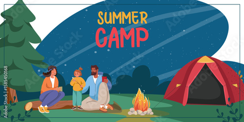 Happy interracial family at camping on summer holidays. Parents and kid near tent, relaxing outdoors in nature. Mother, father, girl resting. Flat vector illustration isolated on white background