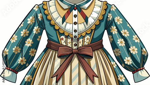 The Utah pioneer dress features long cotton sleeves, calico patterns, and ribbon details, suitable for historical reenactment-style vector design with homestead charm.