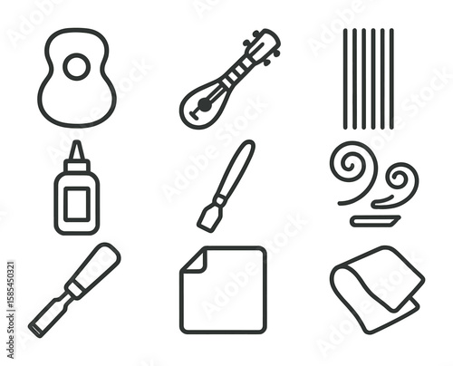 Traditional Instrument Craft Icons. Outline icon set of traditional musical instrument craftsmanship: guitar