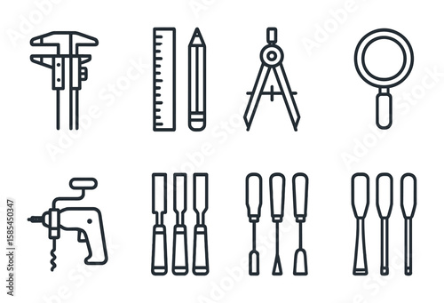 Artisan Tool Icons. Outline icon set of artisan skills and precision: calipers, ruler, pencil, compass,