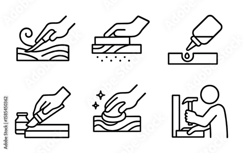 Handcraft Technique Icons. Outline icon set of handcrafting techniques: carving, sanding, gluing, varnishing,