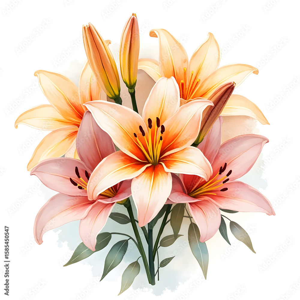 Fototapeta premium Elegant Lilies Bouquet with Peach and Pink Watercolor Style Flowers