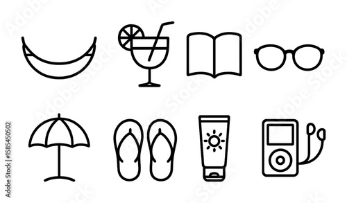 Travel Relaxation Icons. Outline icon set of leisure and relaxation during travel: hammock, cocktail, book,