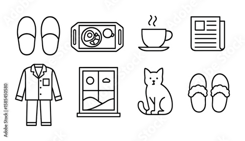 Relaxing Morning Icons. Outline icon set of relaxing weekend morning: slippers, breakfast tray, coffee cup,