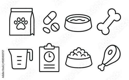 Pet Nutrition Icons. Outline icon set of pet nutrition: kibble bag, vitamin pills, water bowl, treat,