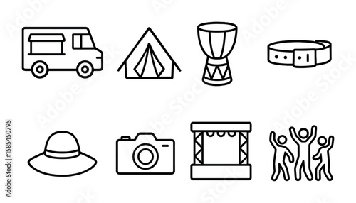 Festival Icons Set. Outline icon set of festival crowds: food truck, tent, drum, wristband, sun hat, camera,
