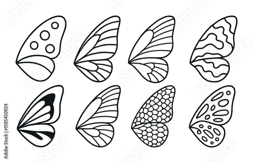 Butterfly Wing Icons. Outline icon set of butterfly wing patterns and colors: spots, stripes, iridescence,