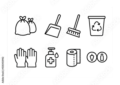 Classroom Cleaning Icons. Outline icon set of classroom cleaning and recycling: trash bags, dustpan, broom,