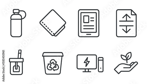 Classroom Waste Reduction Icons. Outline icon set of waste reduction strategies for classrooms: reusable water